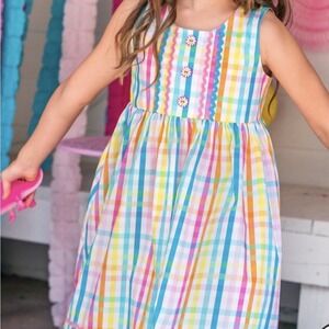 Wildflowers Girls Rainbow Gingham Ric-Rac Sleeveless Dress Size 4 Floral Buttons
